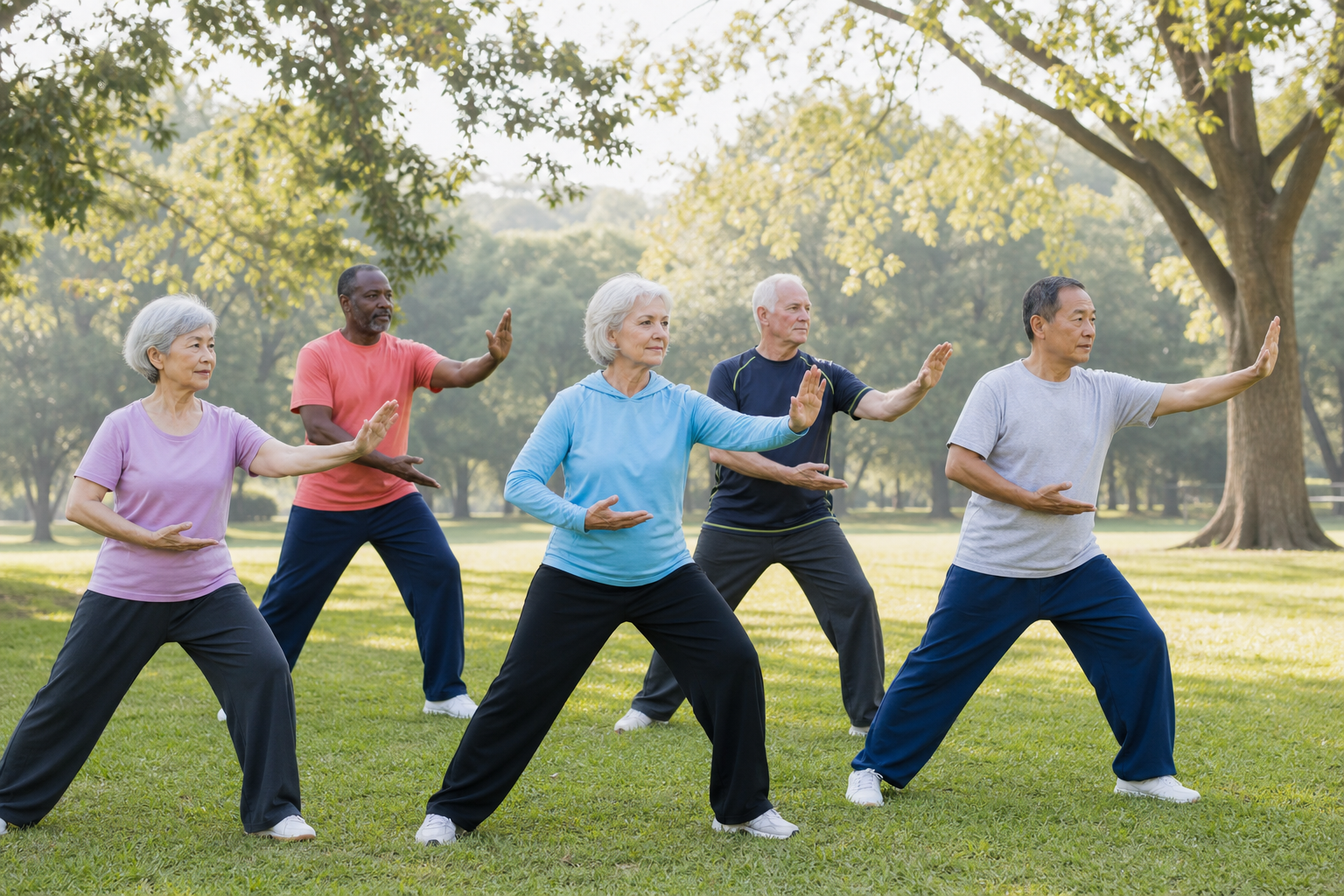 Seniors practicing tai chi outdoors for arthritis and balance