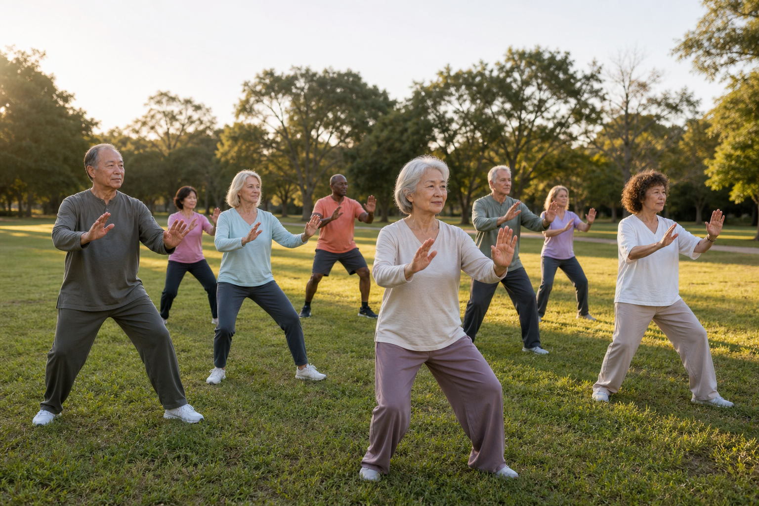 Hands and knees of seniors doing tai chi for joint health and balance