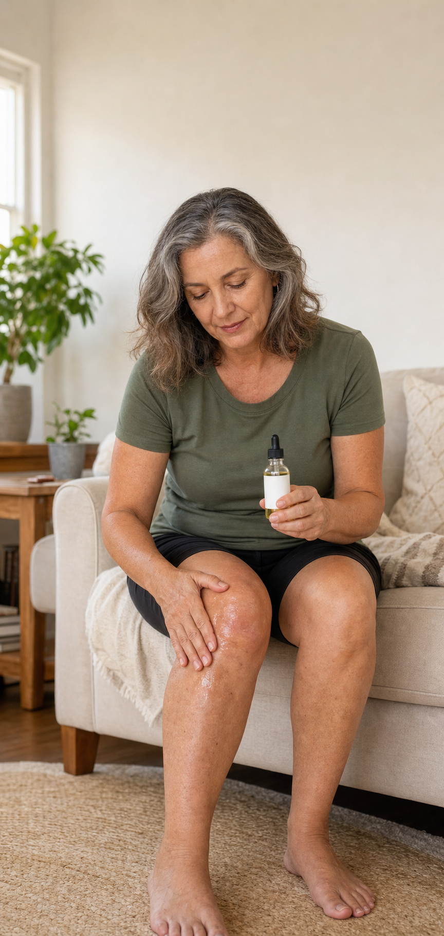 Applying CBD oil to swollen arthritic knee for joint pain relief