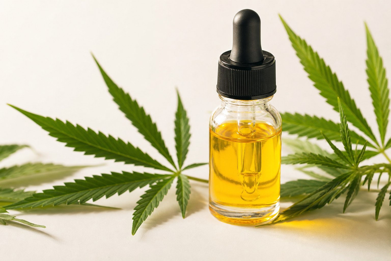 Glass CBD oil dropper bottle with hemp leaves, focusing on purity