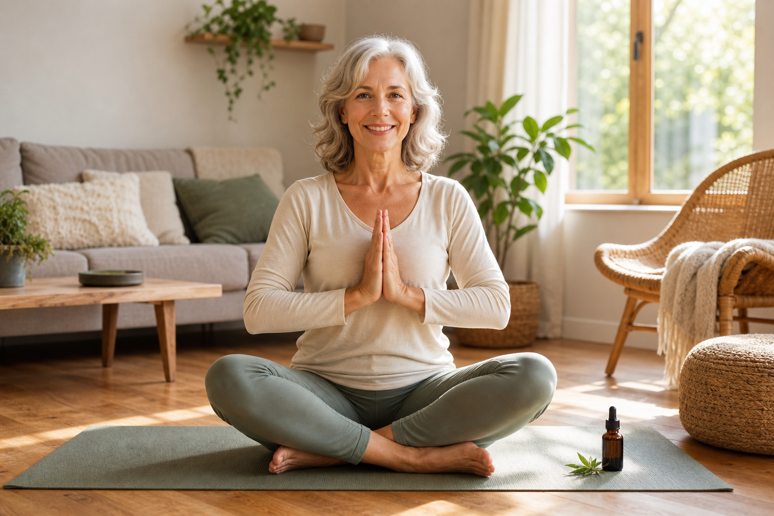 Older woman doing yoga with CBD oil bottle, showing mobility and calm