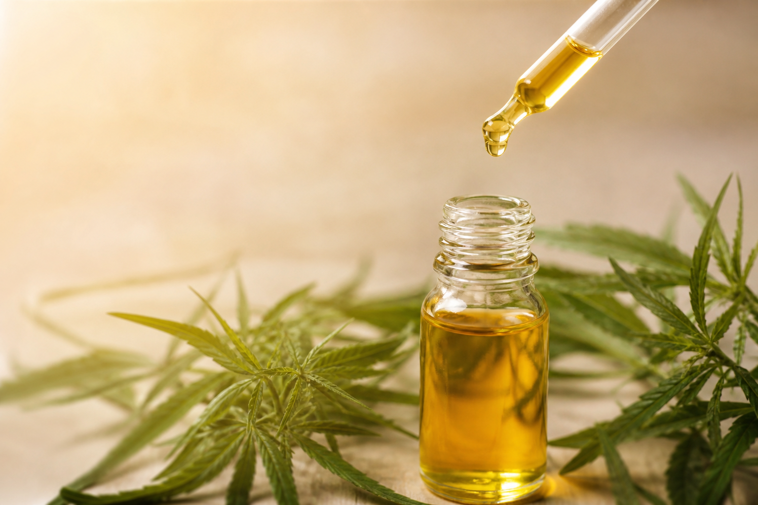CBD oil dropper and bottle with hemp leaves emphasizing purity