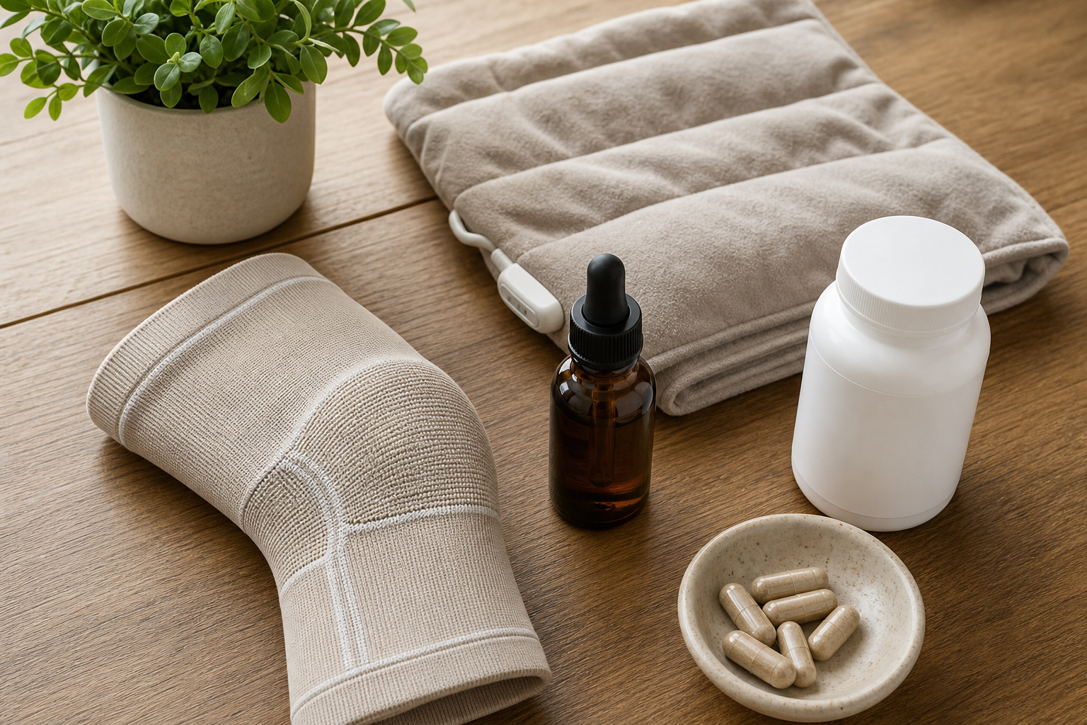 CBD oil, compression sleeve, heating pad, and supplement jar for joint pain relief