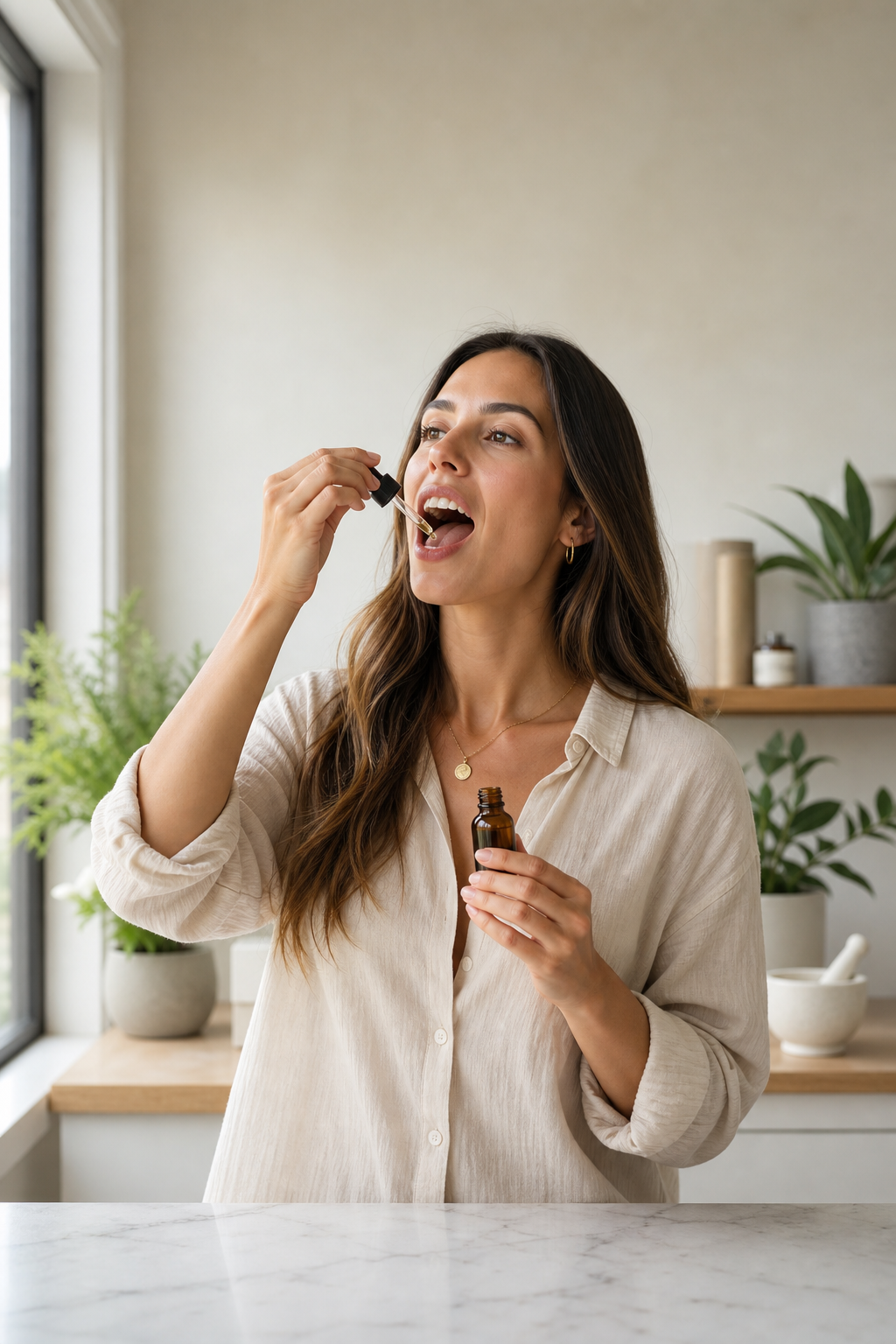 Hands applying CBD oil drops with medicine bottles in background