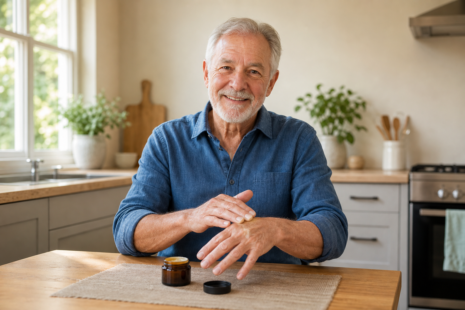 Older man applies CBD balm to hands for joint pain