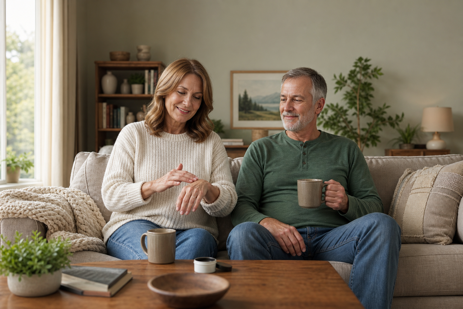 Older woman using CBD balm for joint pain in a comfortable home setting