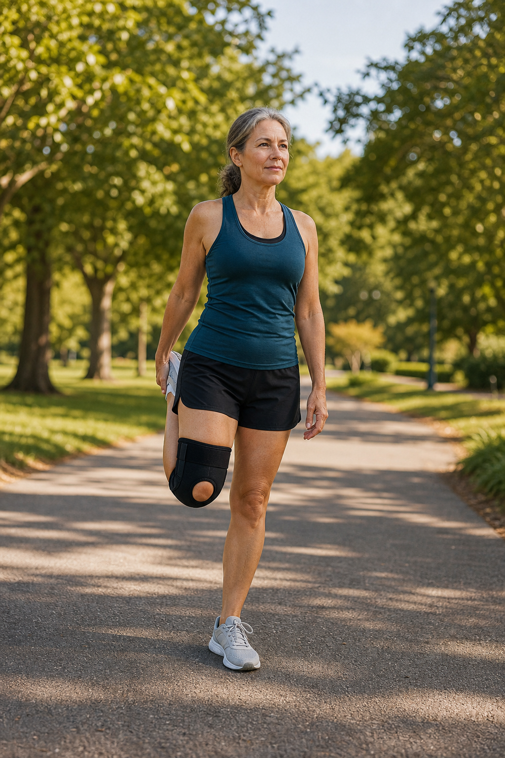 Woman stretching outdoors with knee brace in park