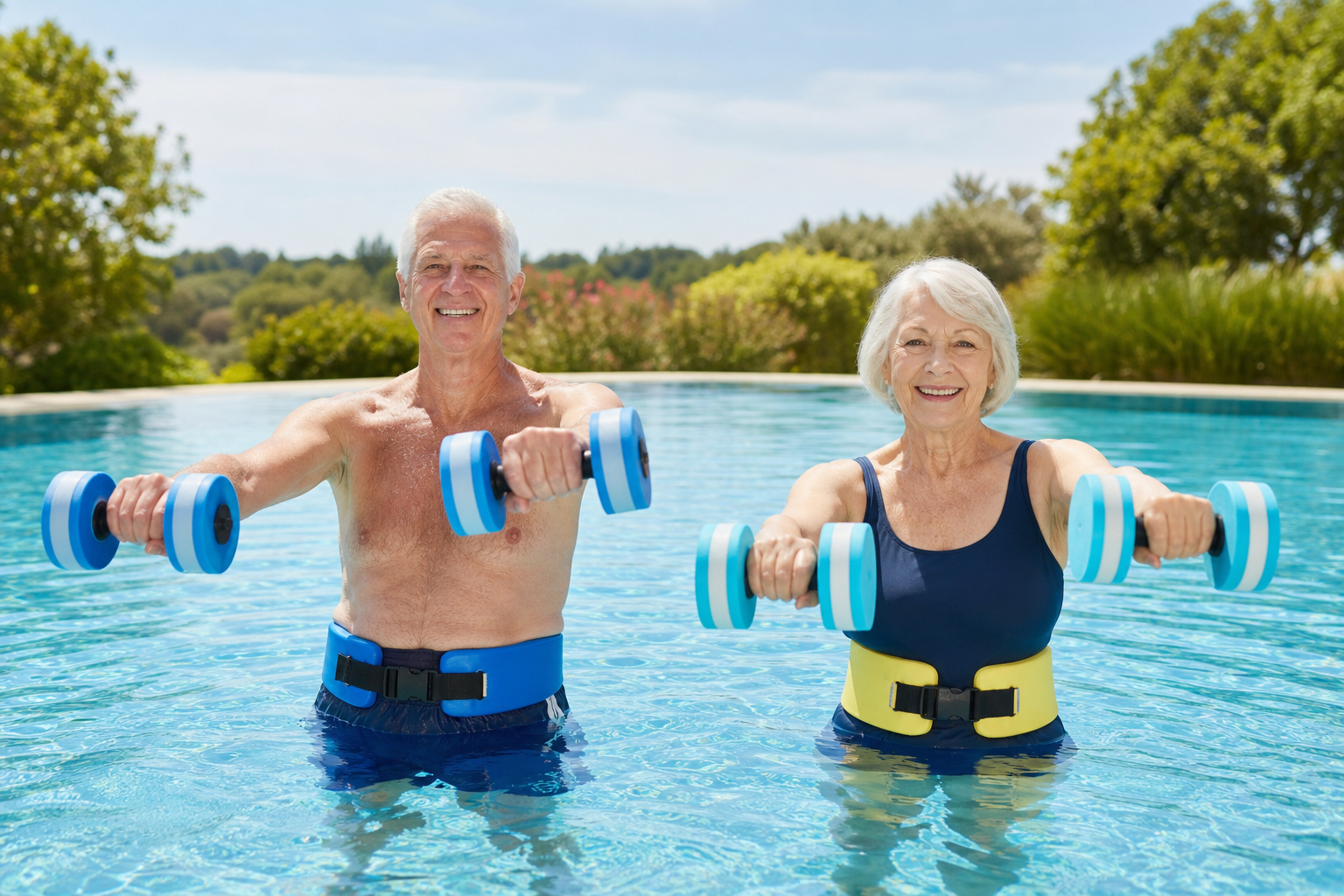 Older adults enjoying water aerobics with gentle sunlight