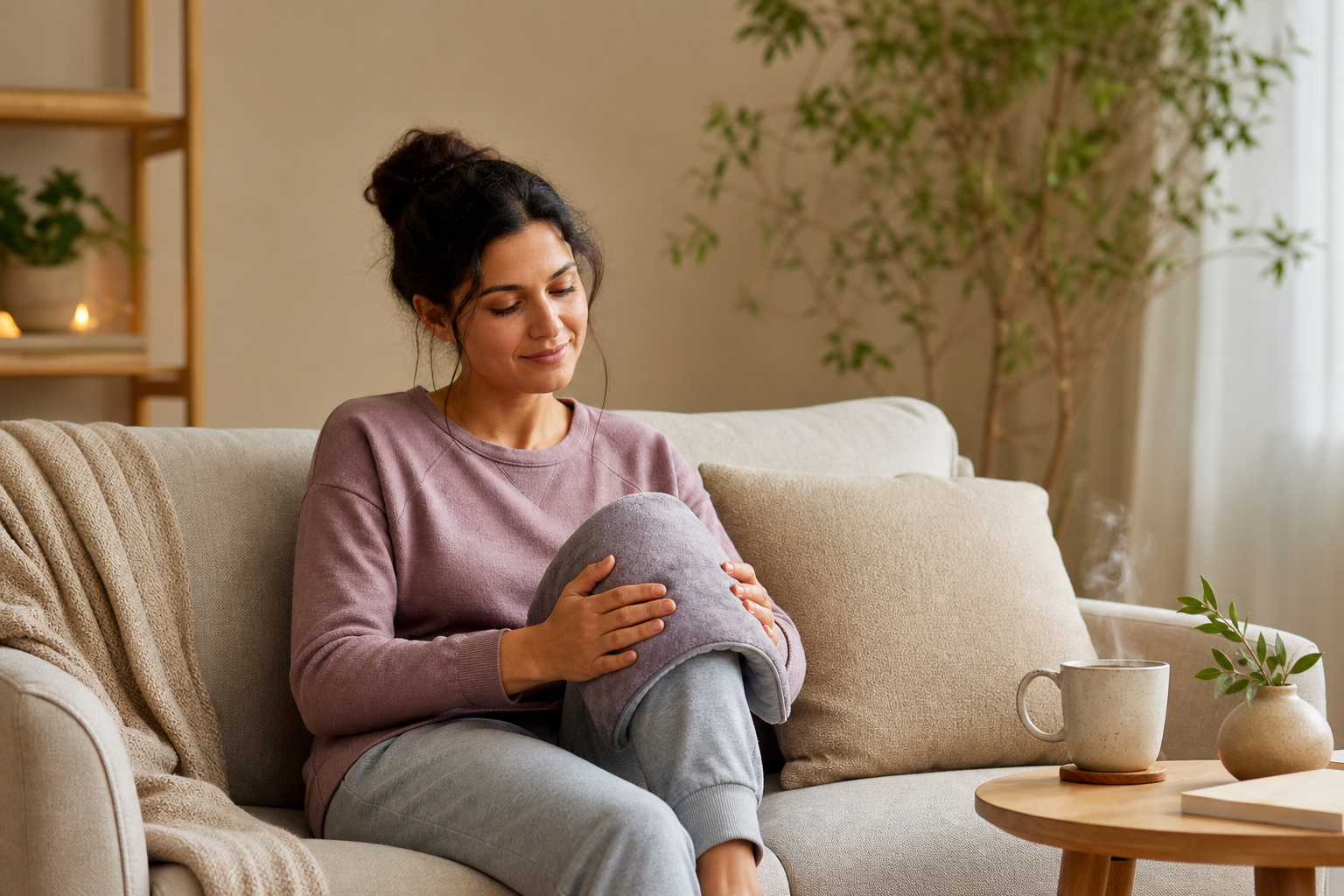 Hands using heating pad on knee in cozy home setting