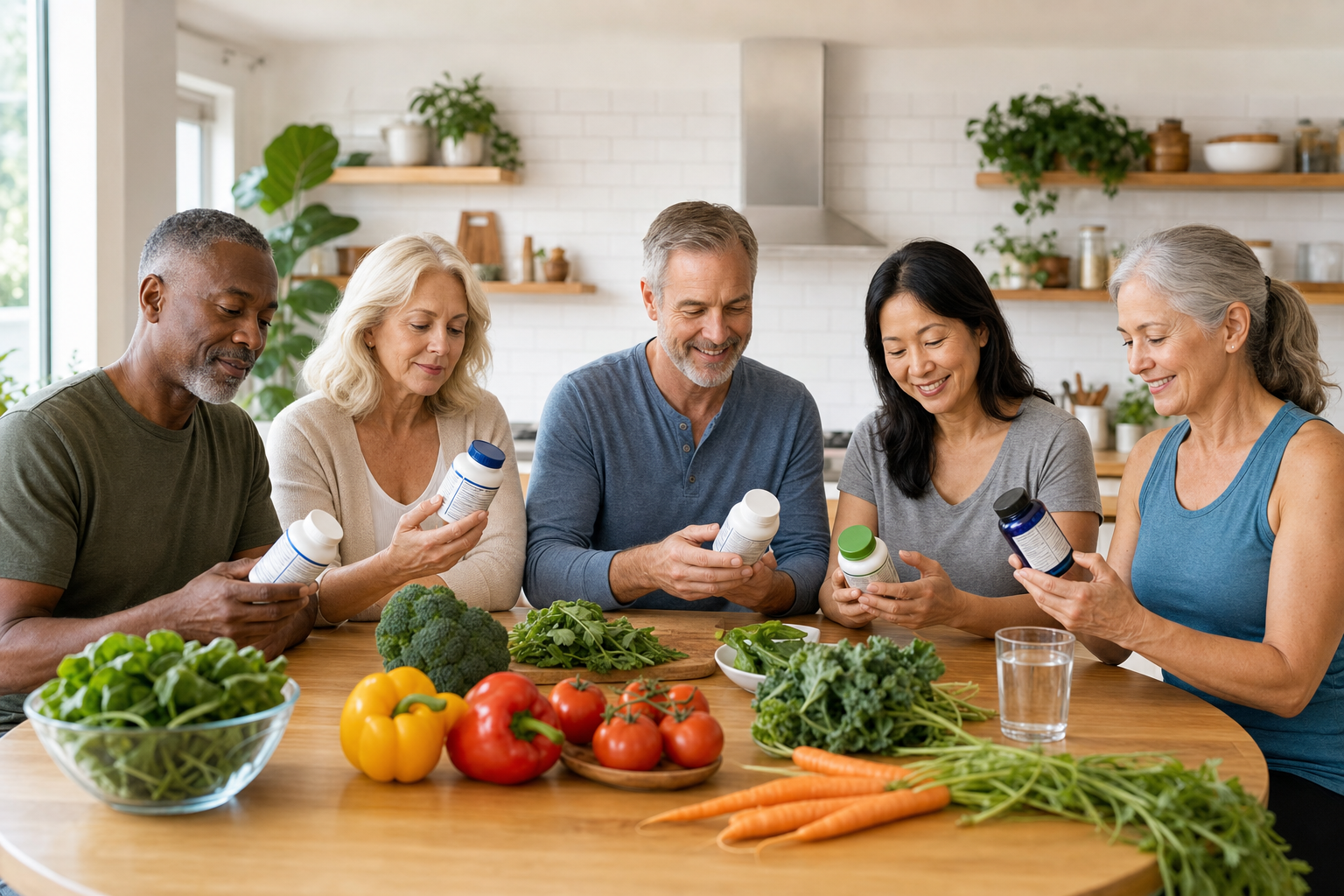 Adults reading supplement labels with fresh vegetables and water at kitchen table
