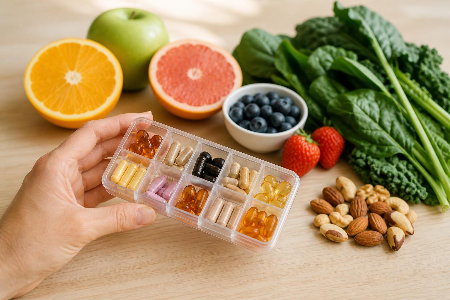 Hand holding pill organizer with vitamins and healthy foods in background