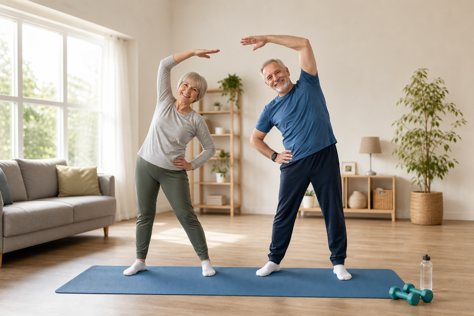Senior couple stretching on yoga mat in sunny living room, looking healthy