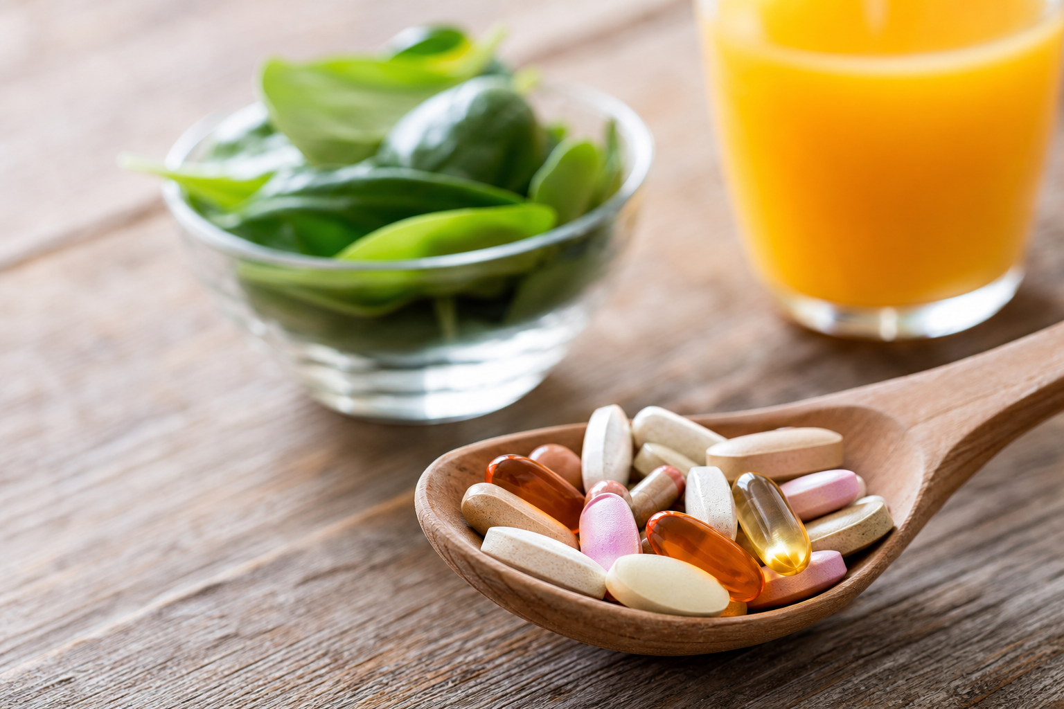 Vitamins and minerals for joint health supplements in a spoon, spinach and orange juice