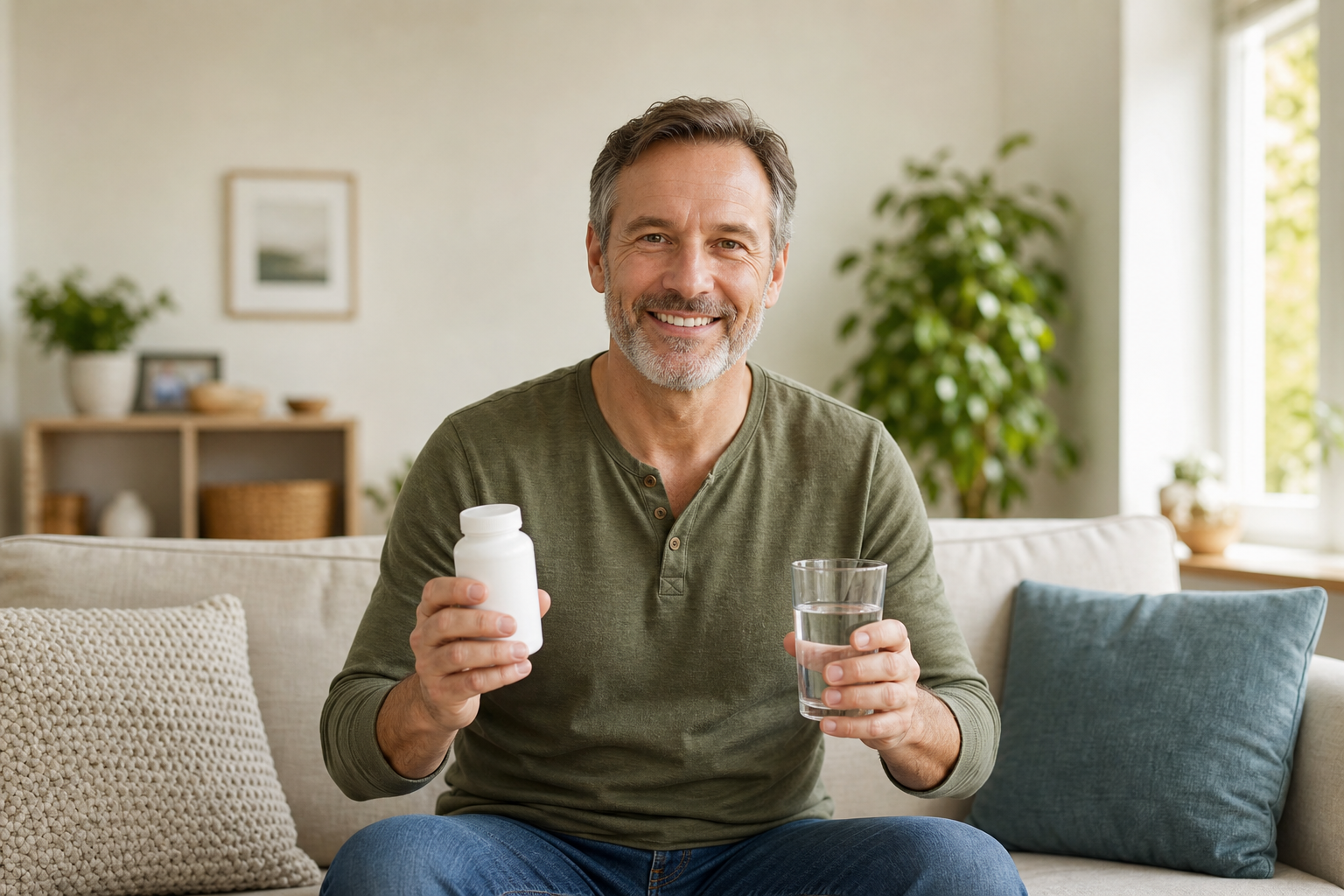 Man holding supplement bottle and water glass for joint health