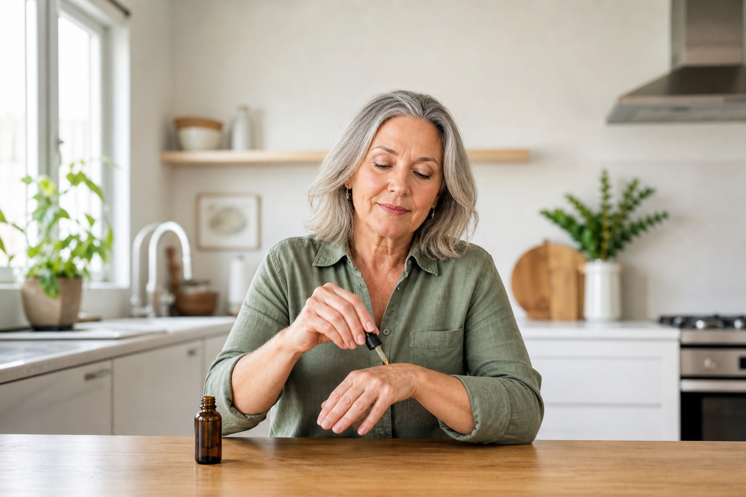 Older woman applying CBD oil to her hands for arthritis at a sunlit kitchen table