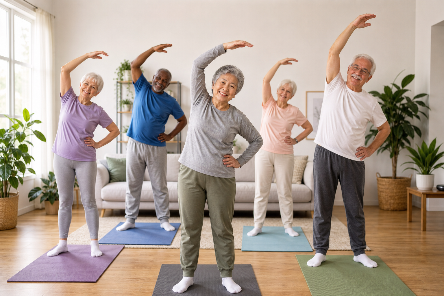 Seniors stretching together in a bright living room, supporting joint health
