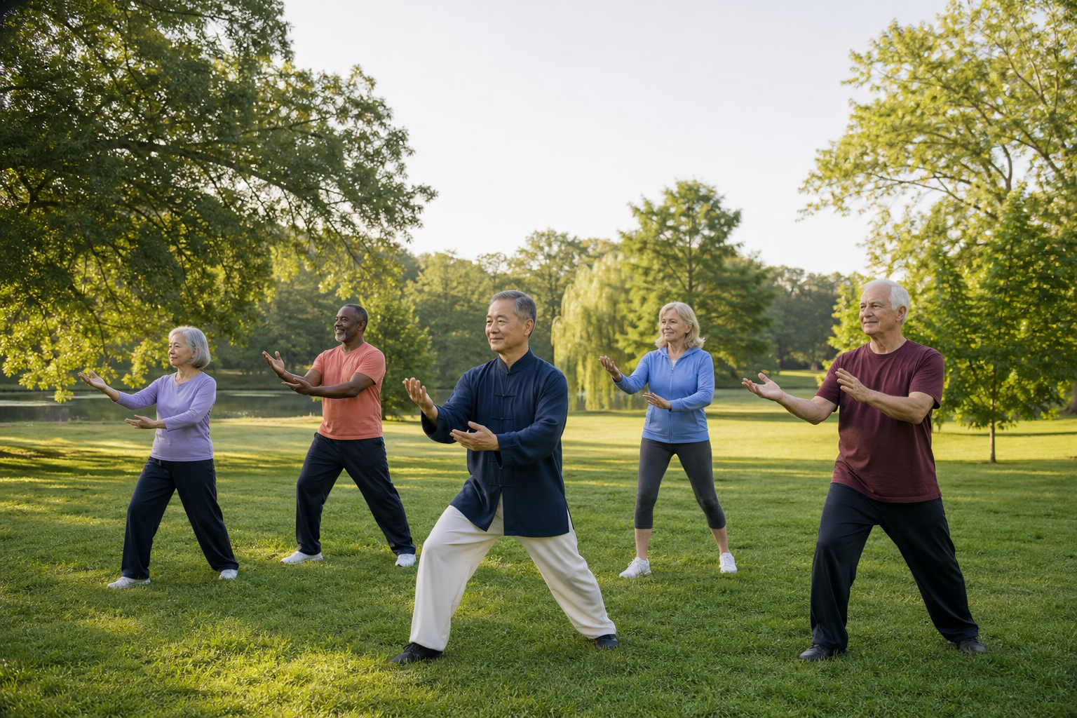 Older adults doing tai chi in a sunlit park, promoting arthritis and balance benefits