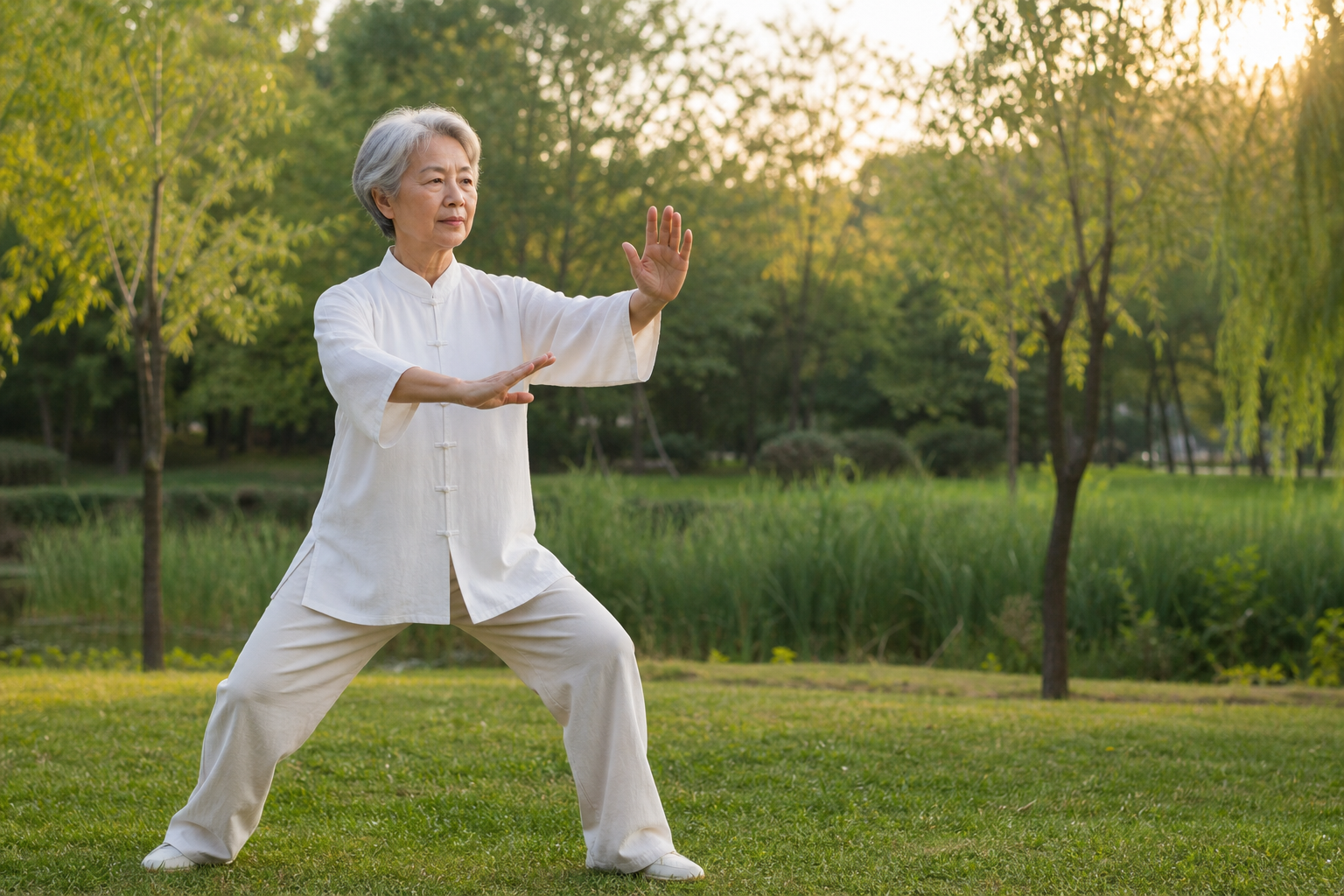 Close-up of arthritic hands and knees moving gently in tai chi practice