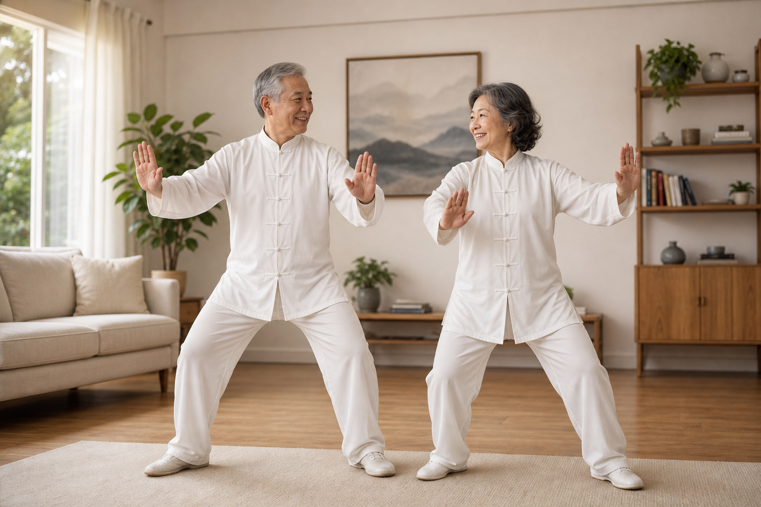 Older couple practicing tai chi at home, supporting balance and joint health