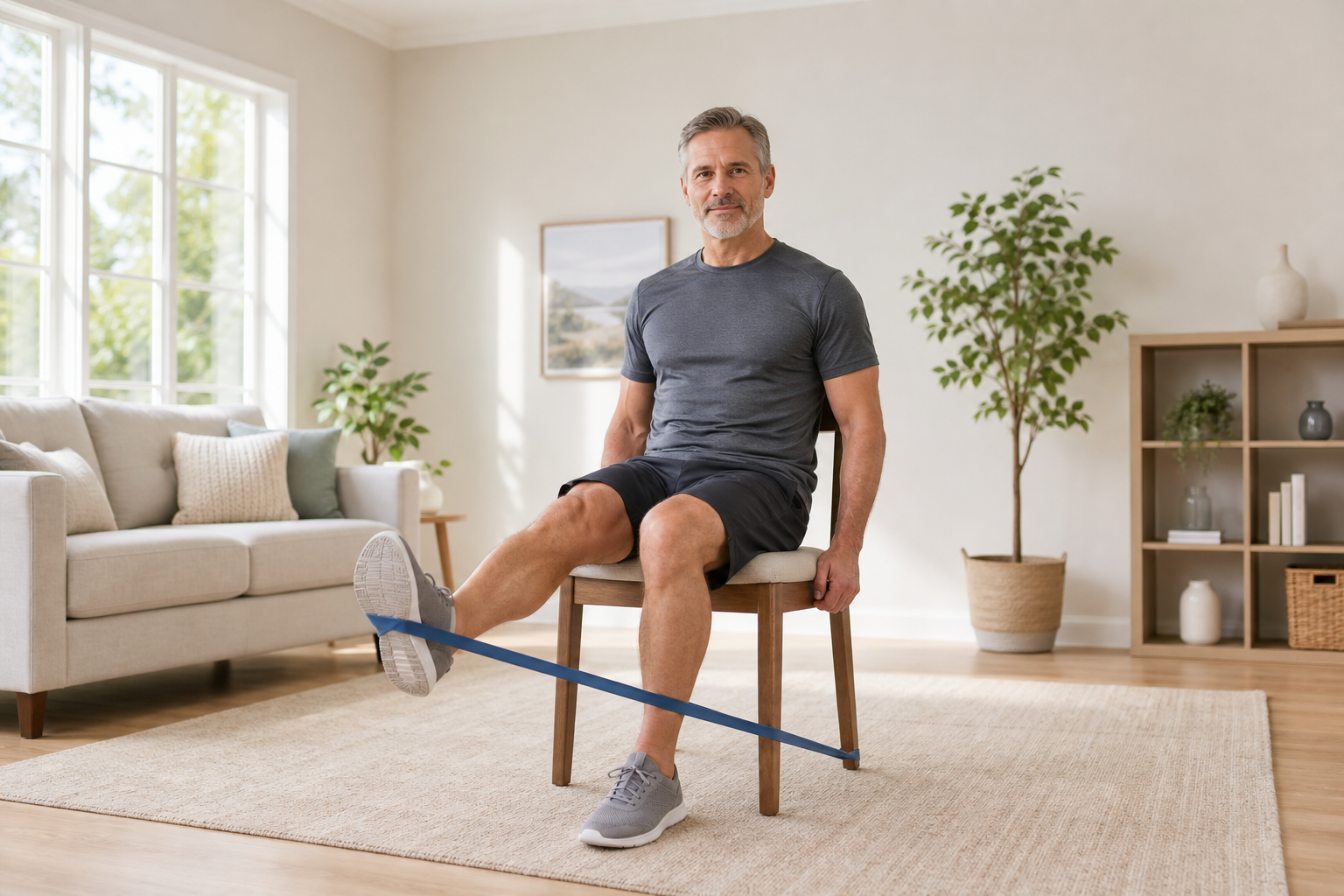 Man demonstrates resistance band knee extension exercise in a bright, welcoming living space.