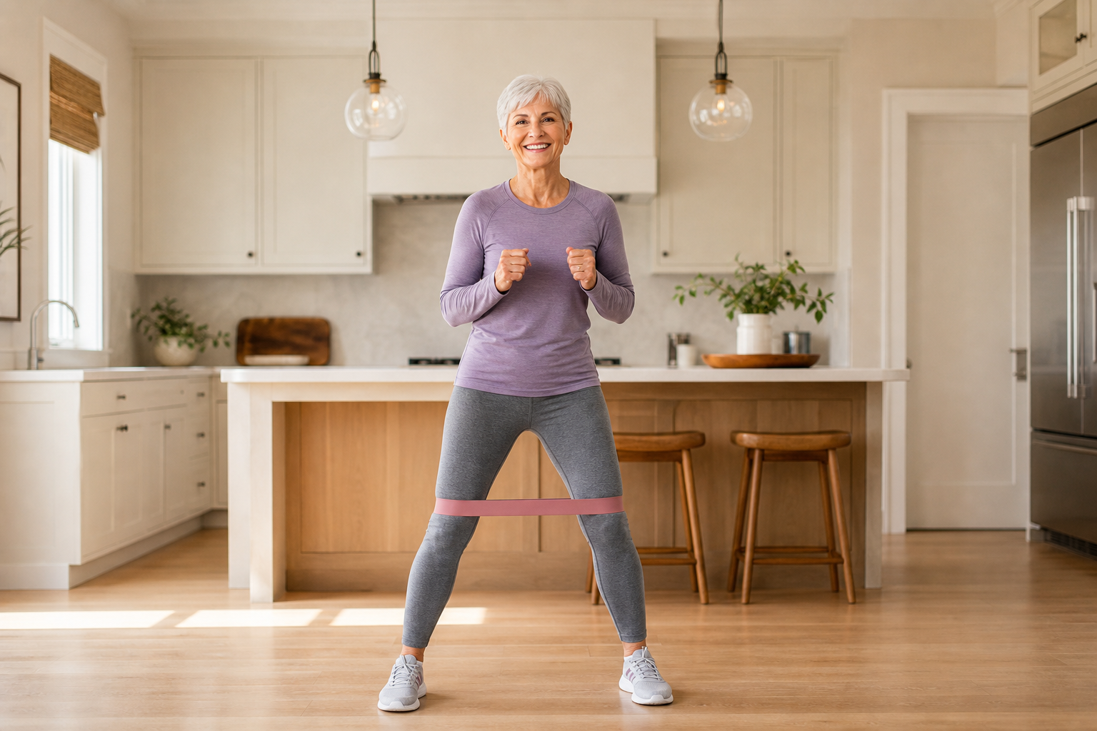 Older woman performs gentle resistance band monster walk for arthritic knee support in sunny kitchen.