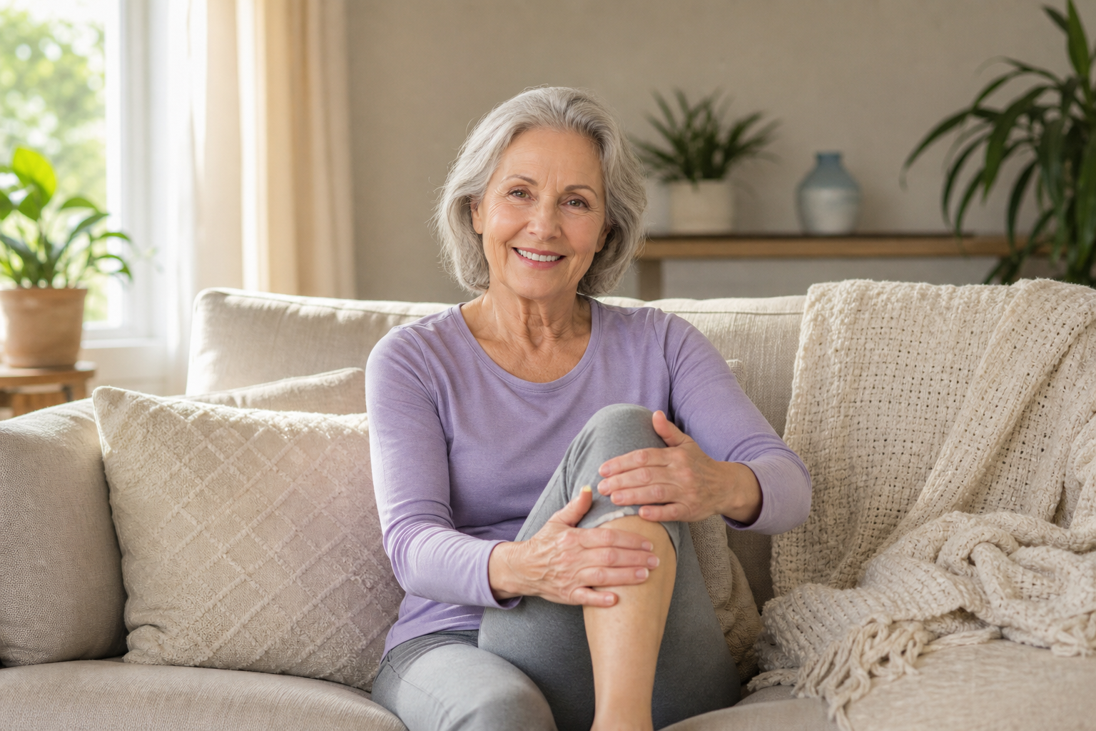 Woman over 60 massaging knee in cozy living room