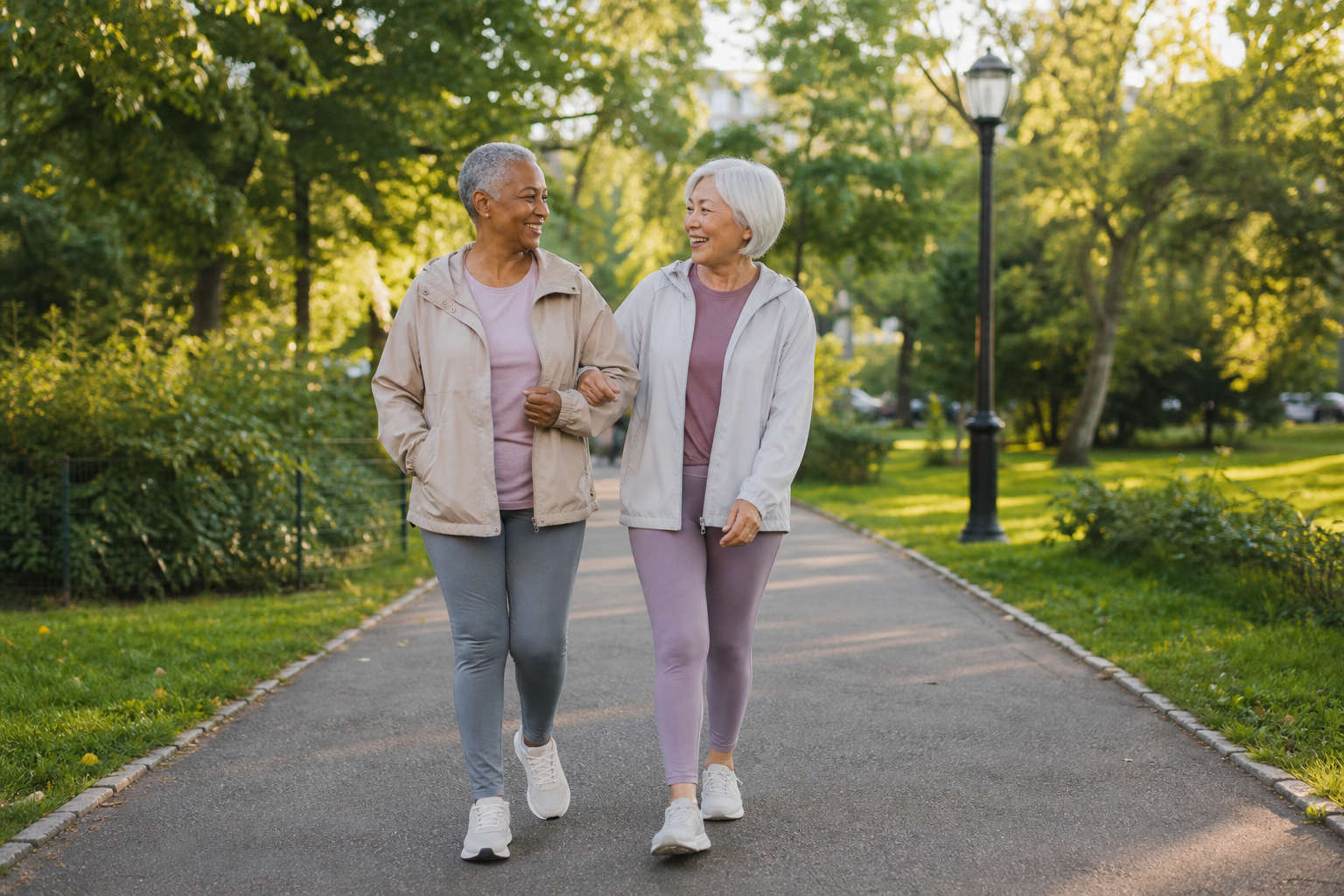 Two older women walking together in a park, smiling and chatting