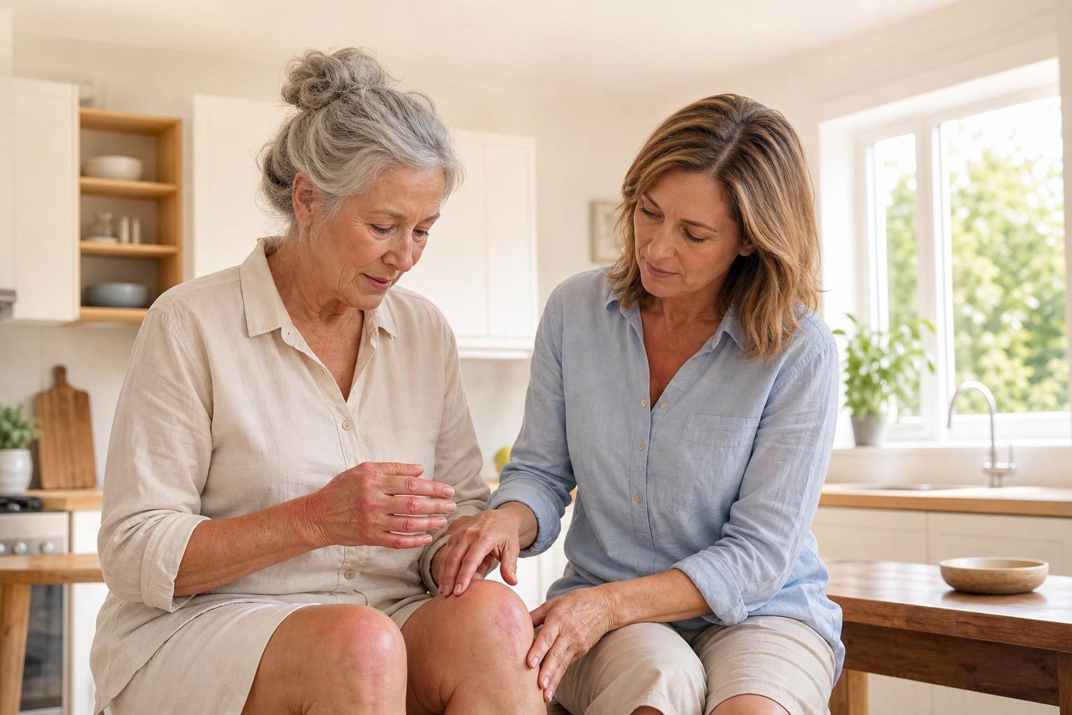 Two women comparing hand and knee arthritis symptoms in bright kitchen