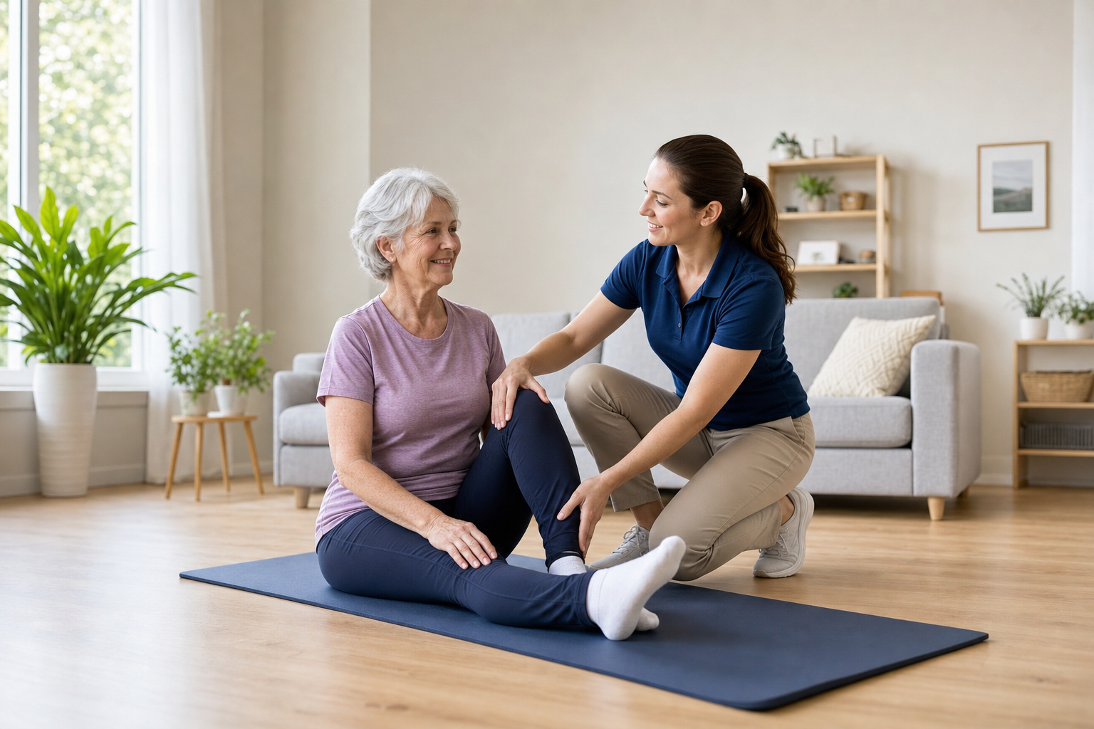 Physical therapist helping woman with knee exercises for arthritis relief