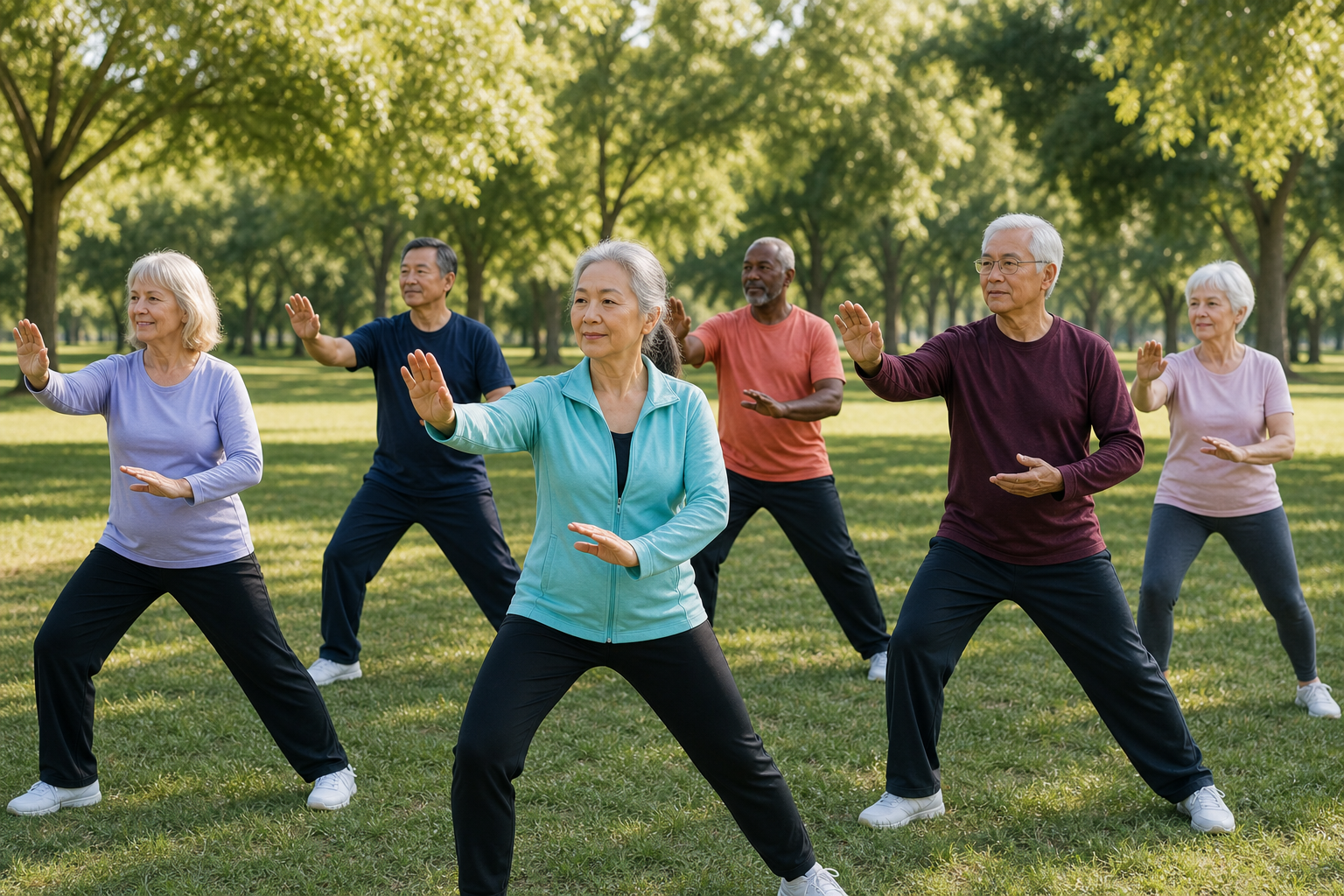 Seniors practicing tai chi together in a sunny park for arthritis and balance.