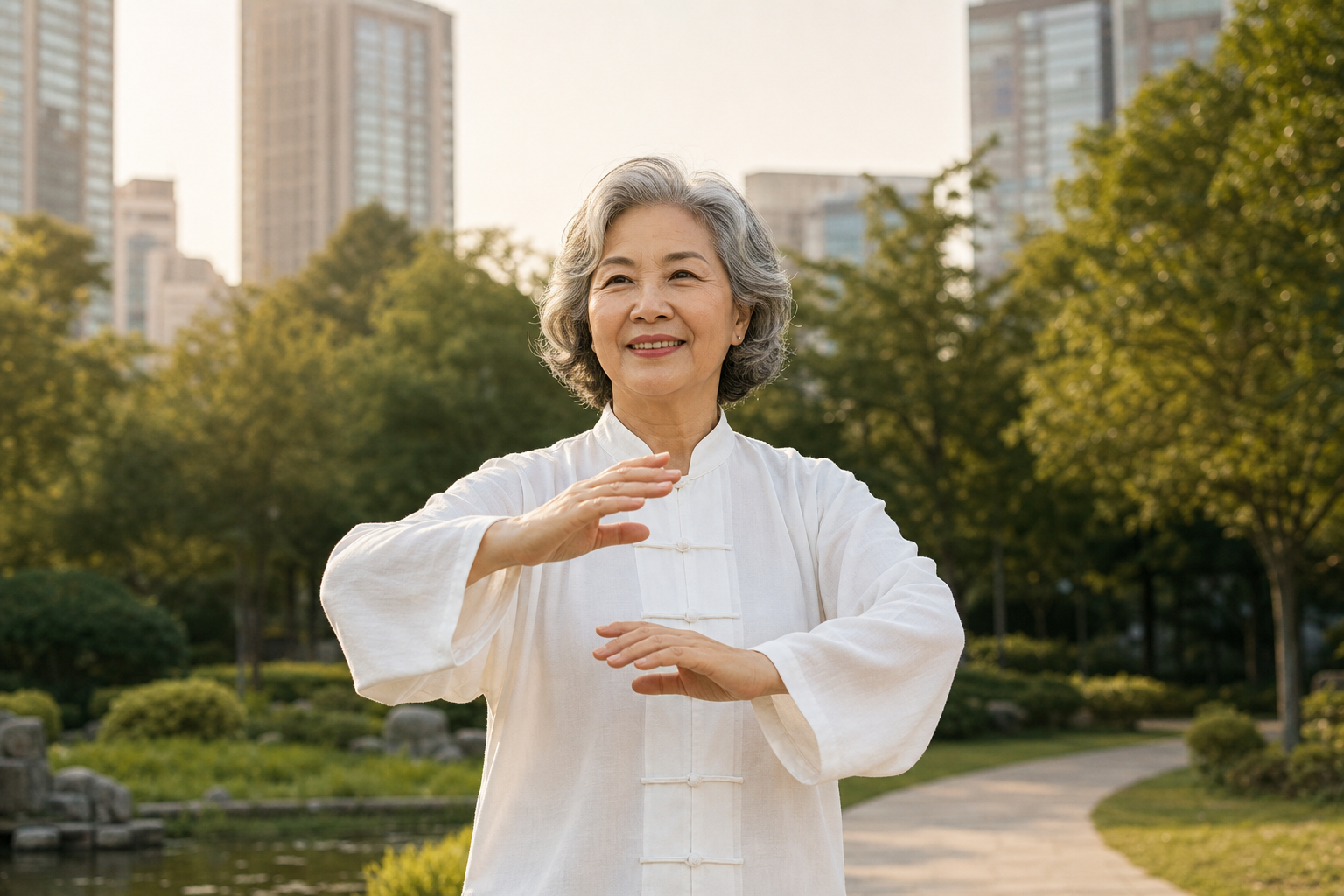 Smiling older woman practicing tai chi for joint pain relief in a park.