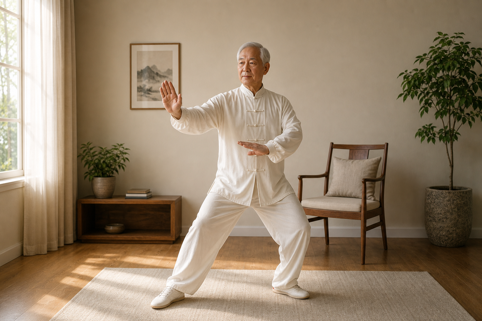 Elderly man doing tai chi at home for arthritis, with chair for balance support.