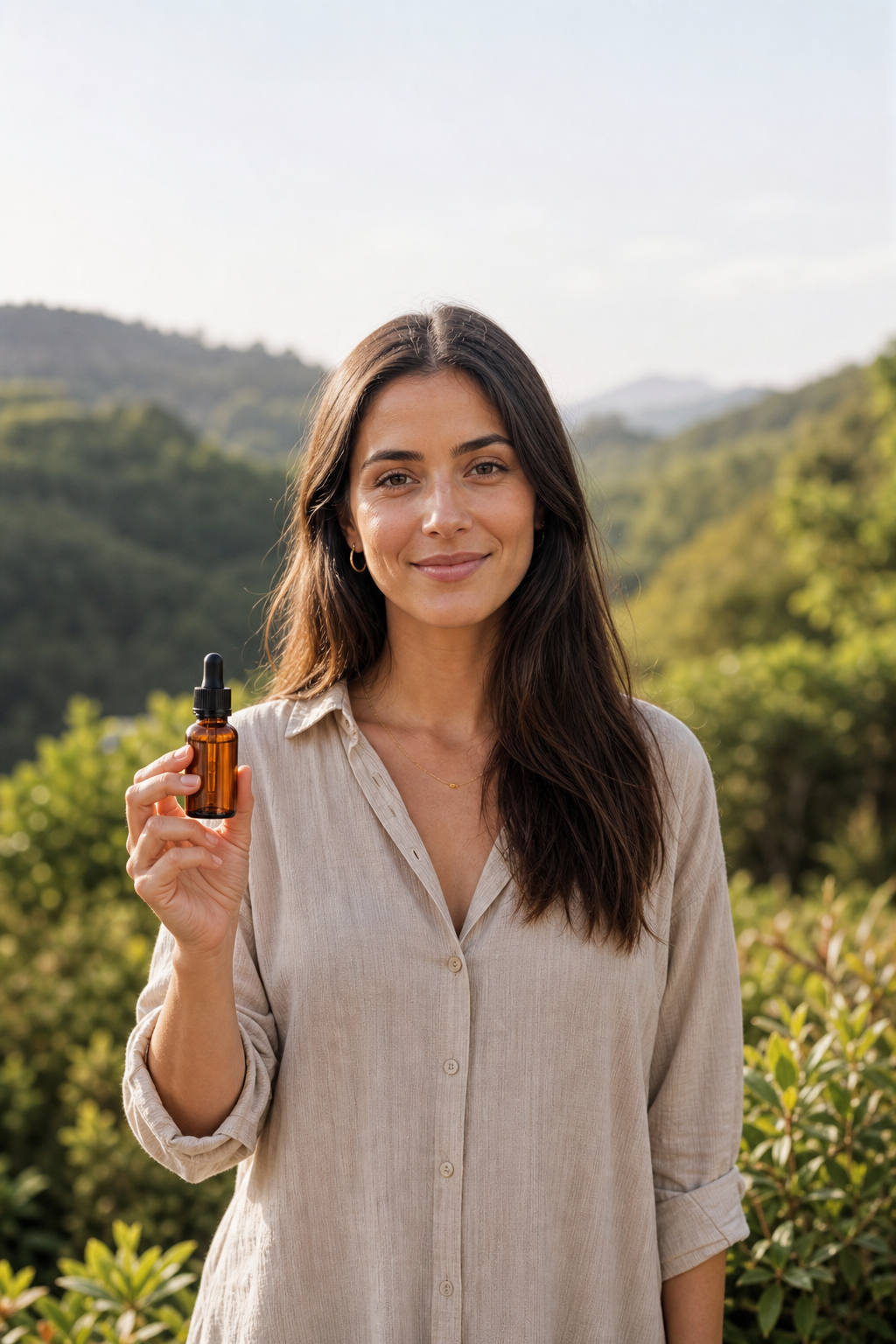 Hand holding CBD oil dropper bottle with lush green background