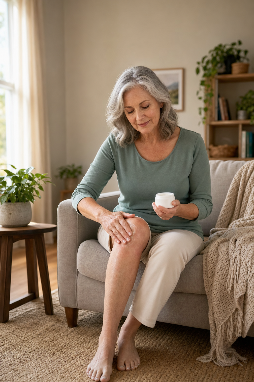 Adult applying CBD cream to swollen knee in soft-lit living room