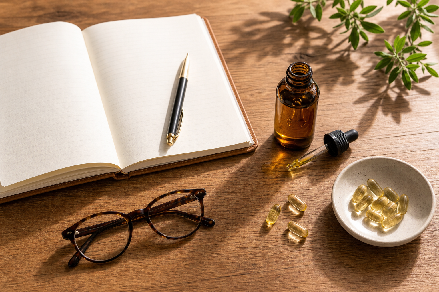 Tabletop with CBD oil, supplements, journal, and glasses for self-care