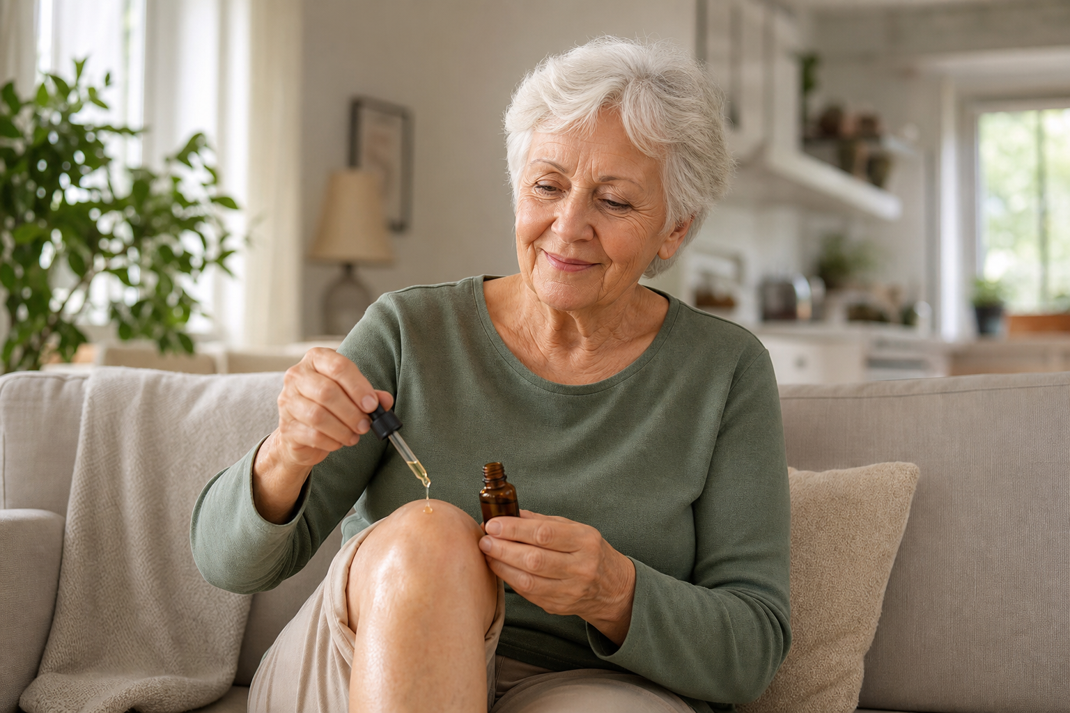 Senior applying CBD oil to swollen knee for joint pain relief