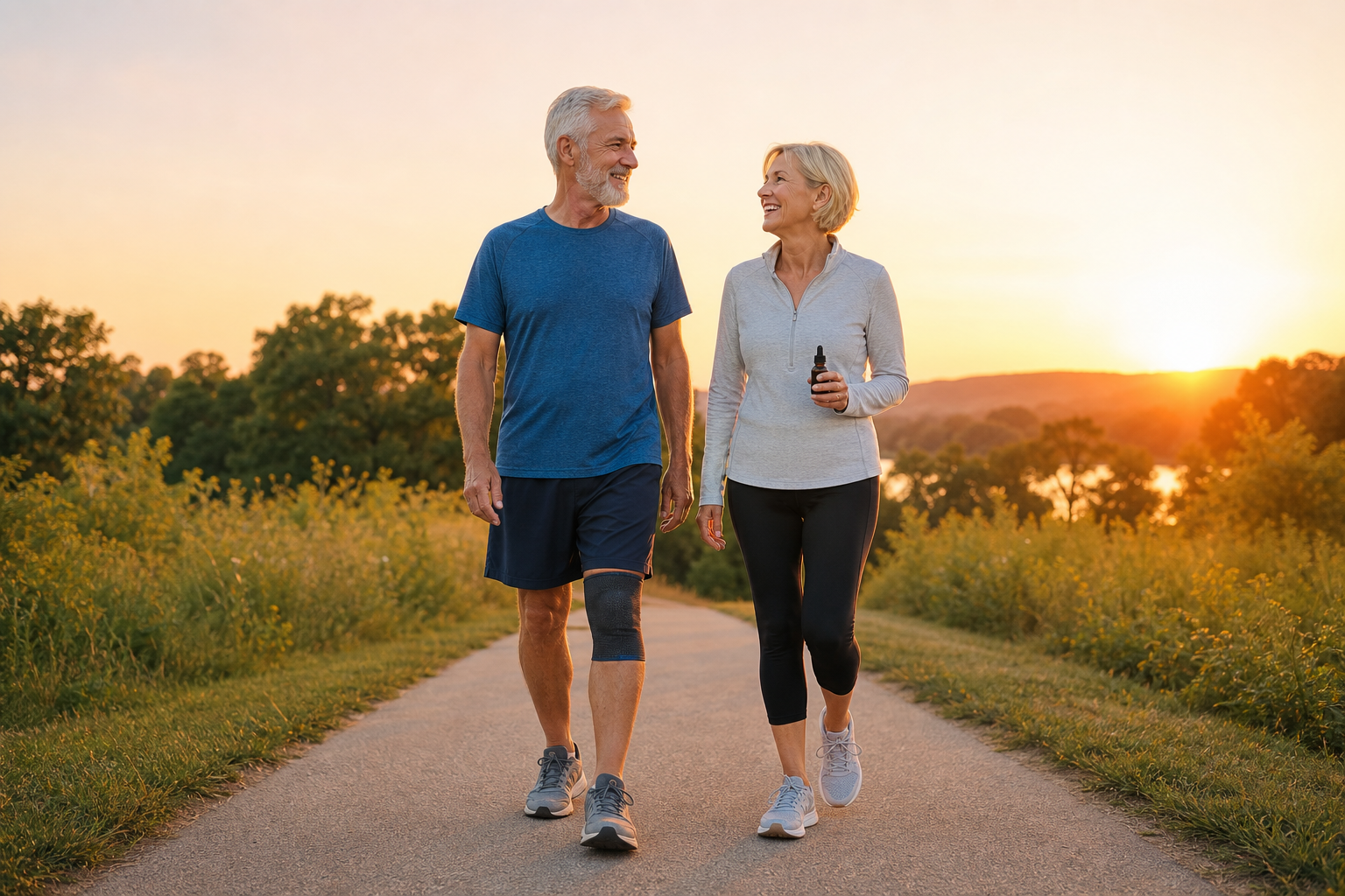 Happy senior couple outdoors using CBD oil and knee support for joint health