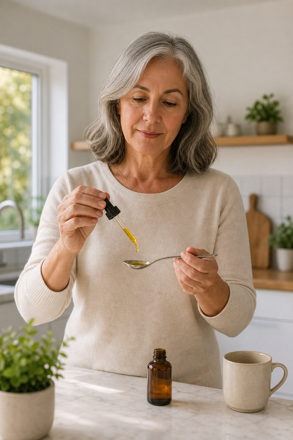 CBD oil dropper and spoon held by older adult for joint pain