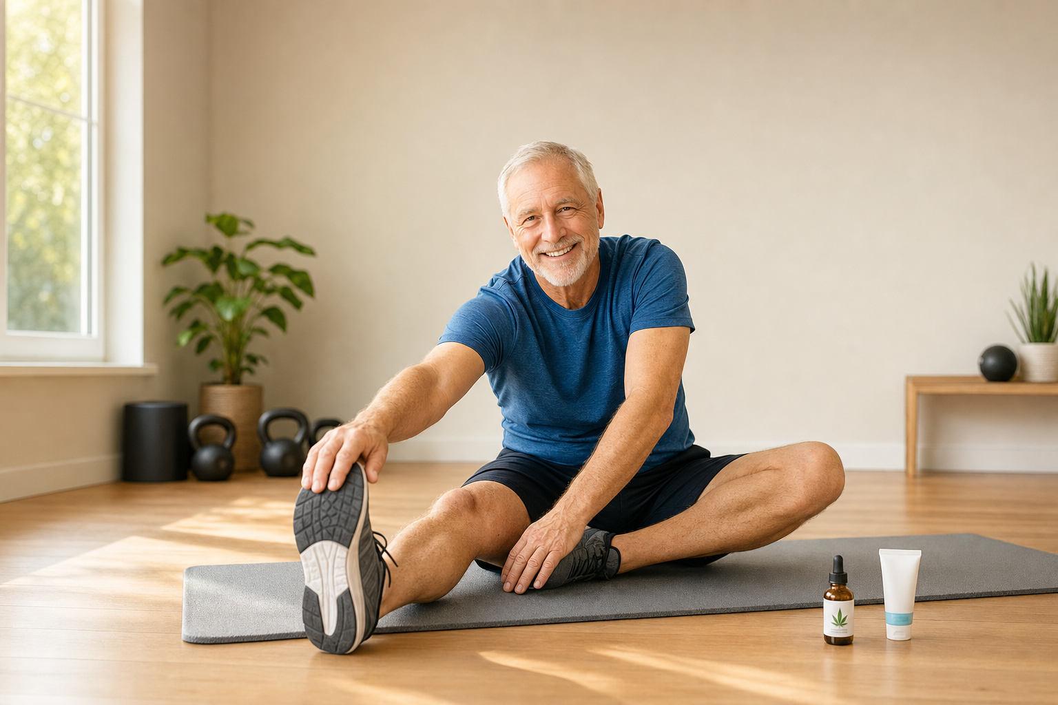 Older man stretching with CBD oil and Voltaren gel for joint relief
