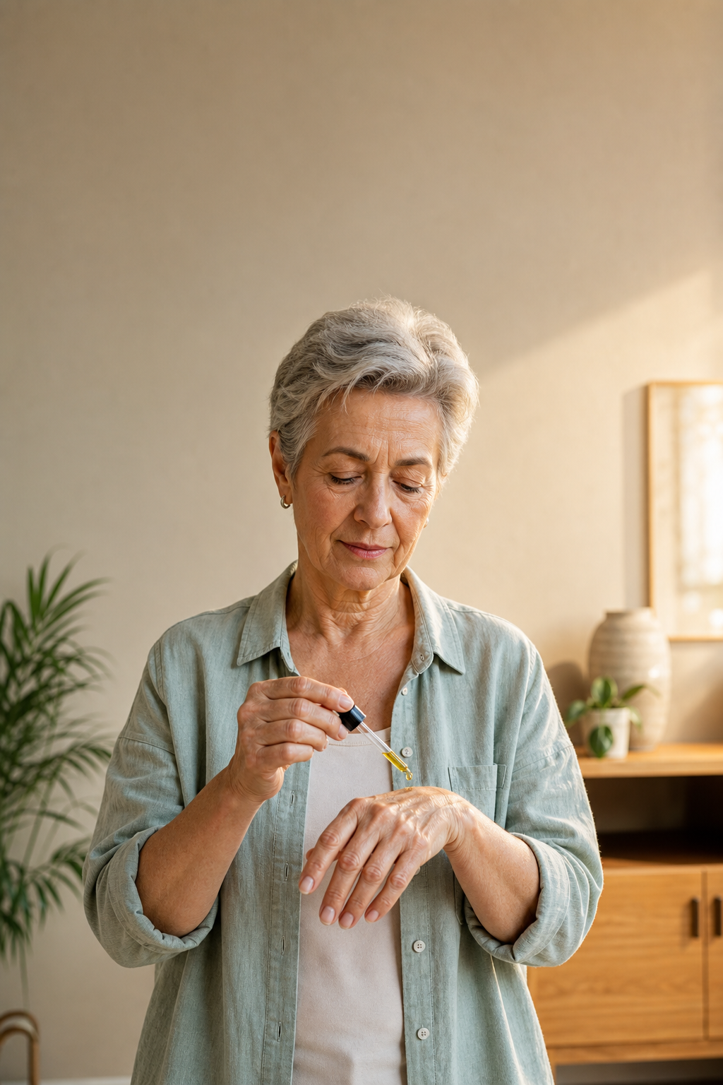Applying CBD oil to hand for joint pain relief
