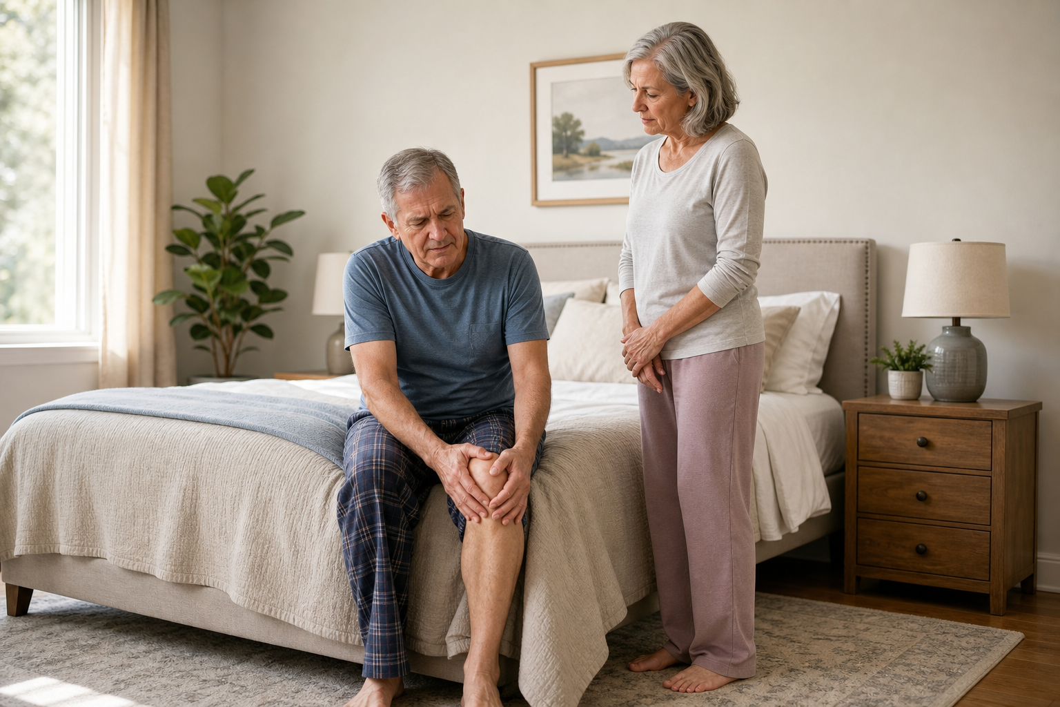 Older man with bone on bone knee pain, supported by spouse at home