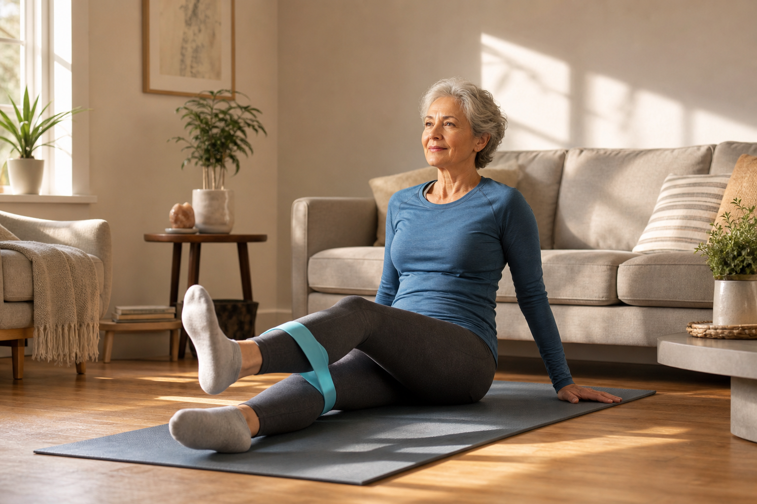 Older woman doing gentle knee exercises with resistance band at home