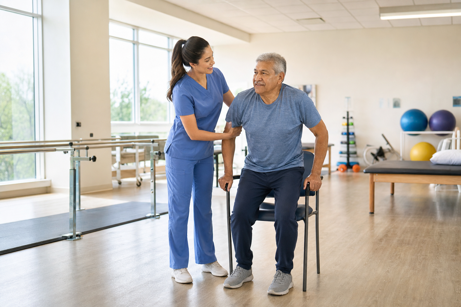 Physical therapist helping senior man stand in rehab clinic