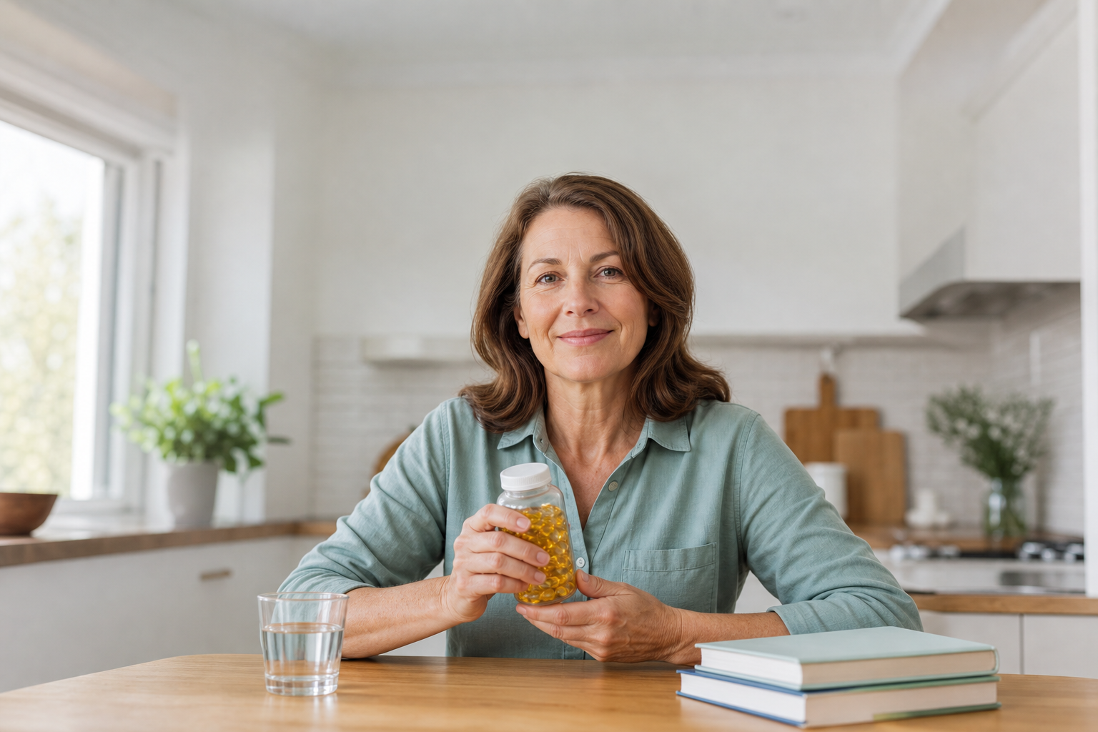 Woman with fish oil capsules and arthritis books at kitchen table