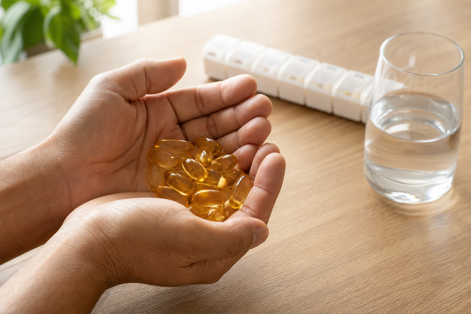Hands holding golden fish oil capsules with pill organizer