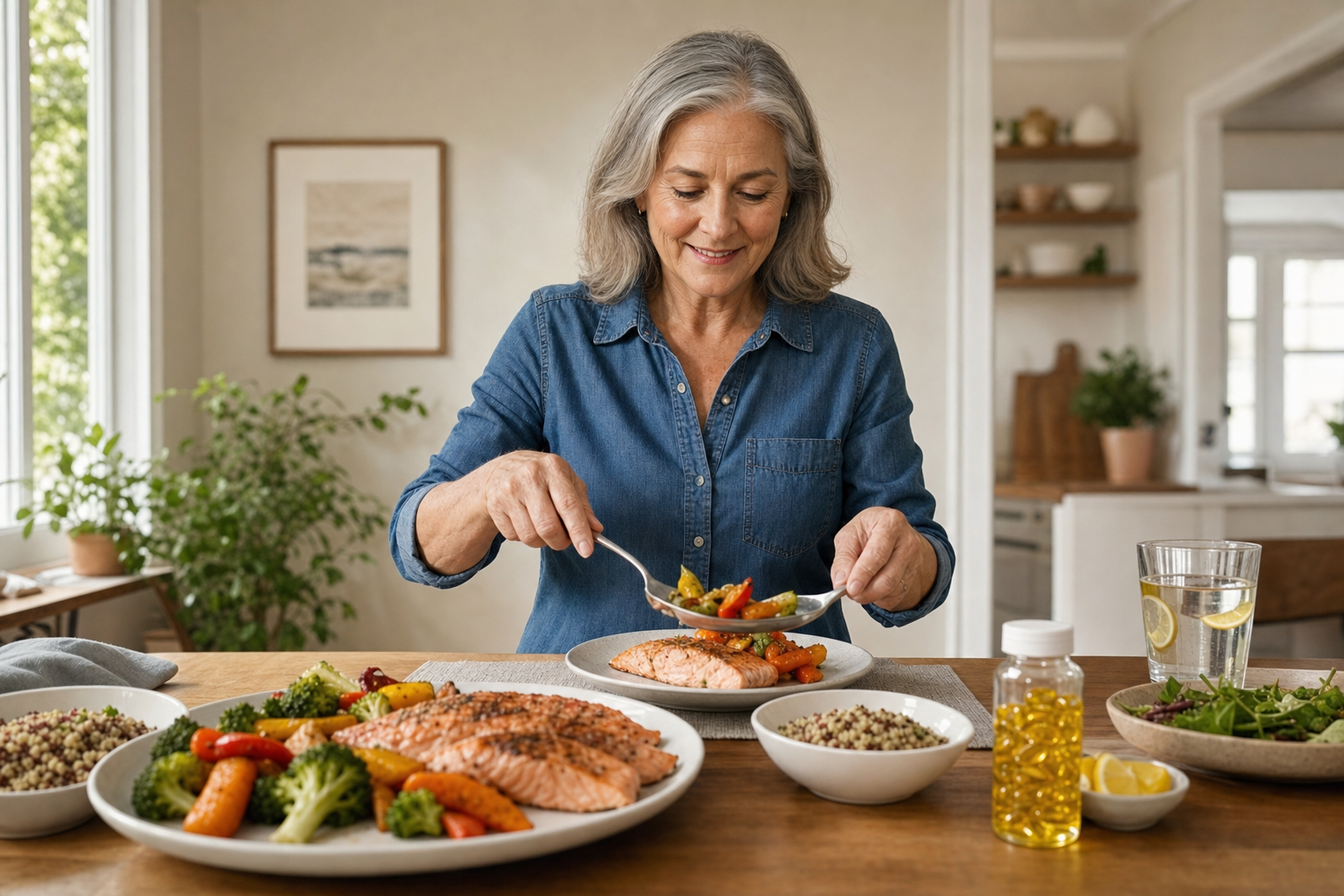 Salmon meal, roasted vegetables, fish oil capsules, and arthritic hands