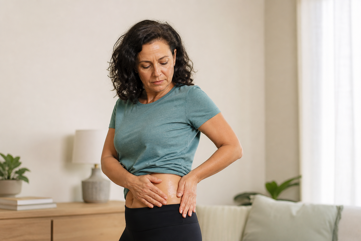 Hands applying hip pain relief gel to the side of the hip