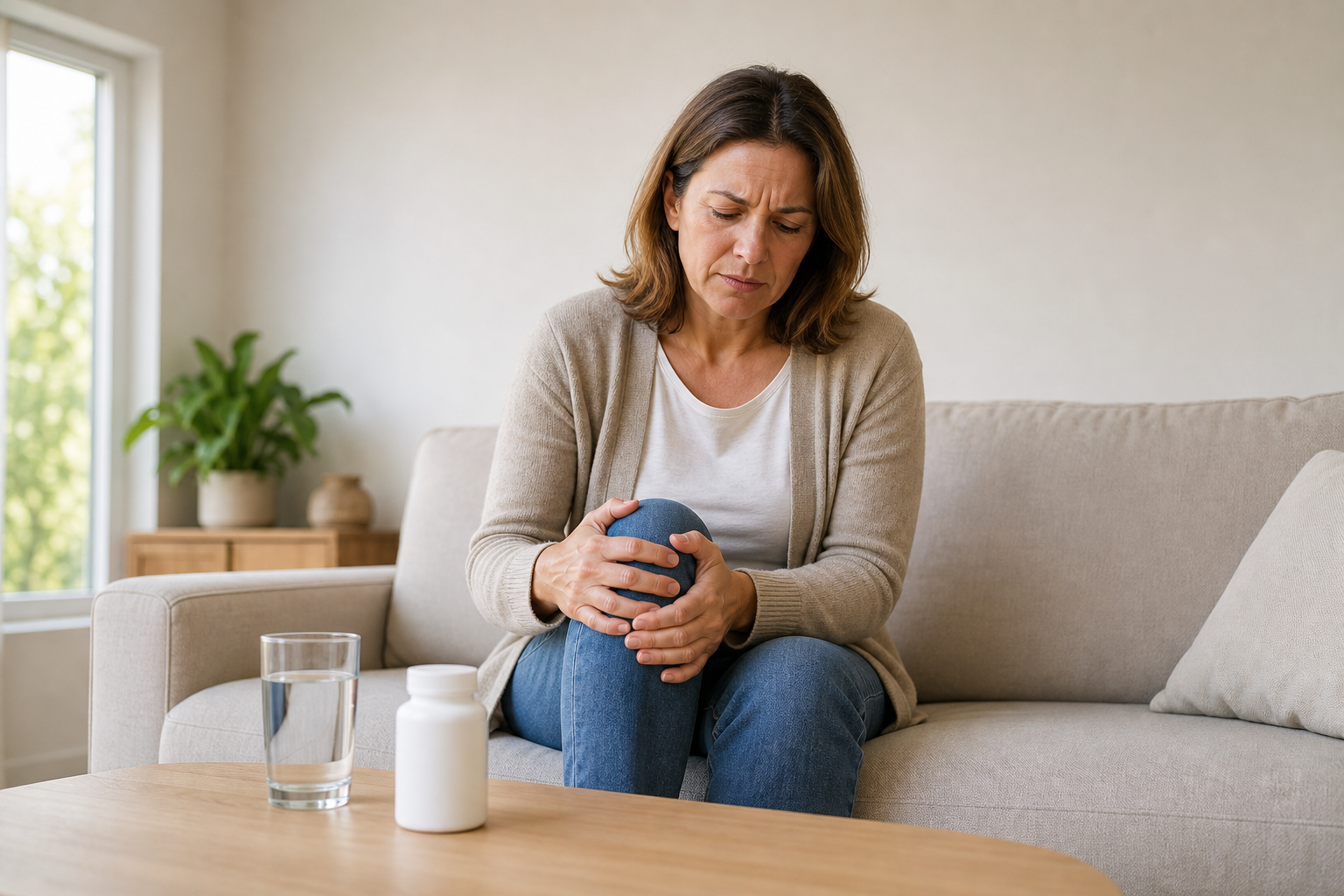 Person with knee pain and hyaluronic acid supplements on table
