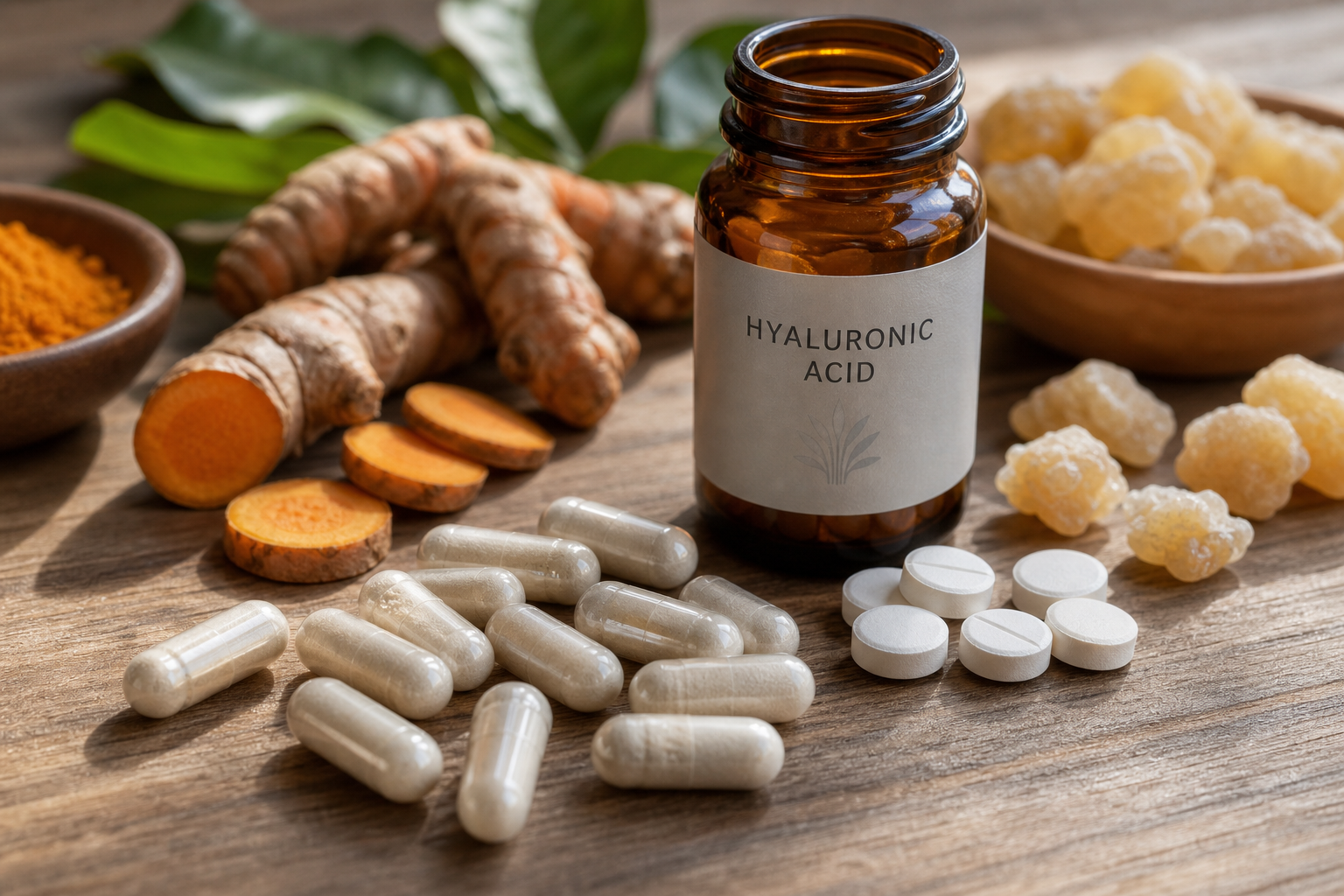 Hyaluronic acid capsules with turmeric, glucosamine, and boswellia