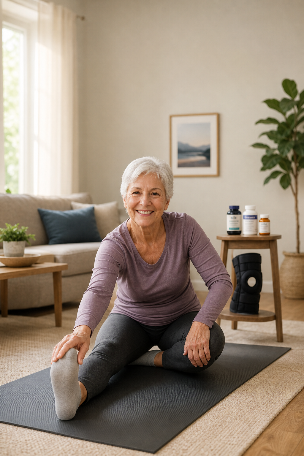 Older adult stretching with knee supplements and brace nearby